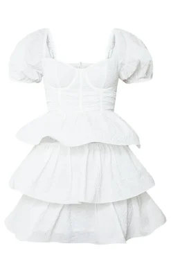 White Crinkle Cup Detail Tiered Skirt Skater Dress