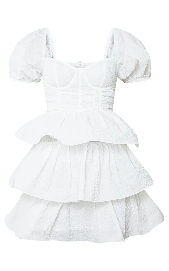 White Crinkle Cup Detail Tiered Skirt Skater Dress
