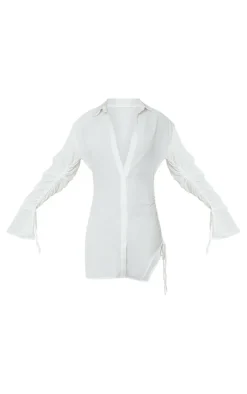 White Crinkle Ruched Detail Button Down Shirt Dress