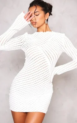 White Crinkle Texture Long Sleeve Bodycon Dress