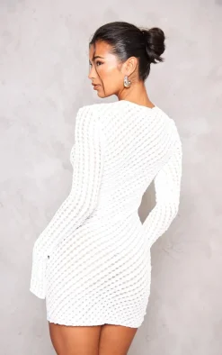 White Crinkle Texture Long Sleeve Bodycon Dress