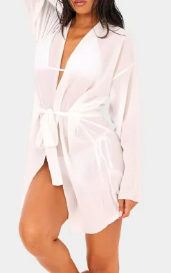 White Crinkle Textured Short Beach Kimono