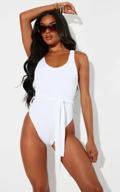 White Crinkle Tie Waist Detail Swimsuit
