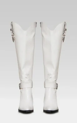 White Croc PU Point Toe High Block Heel Knee High Western Boots