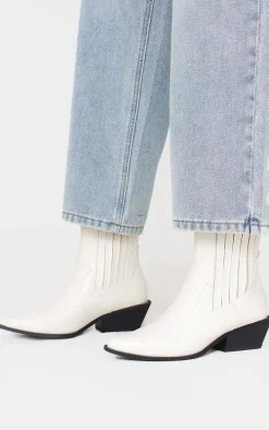 White Croc PU Point Toe Low Block Heel Western Ankle Boots