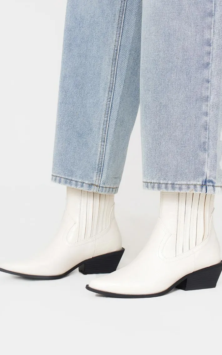 White Croc PU Point Toe Low Block Heel Western Ankle Boots