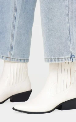 White Croc PU Point Toe Low Block Heel Western Ankle Boots