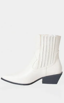 White Croc PU Point Toe Low Block Heel Western Ankle Boots