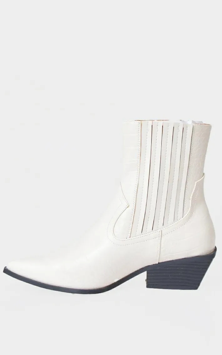 White Croc PU Point Toe Low Block Heel Western Ankle Boots