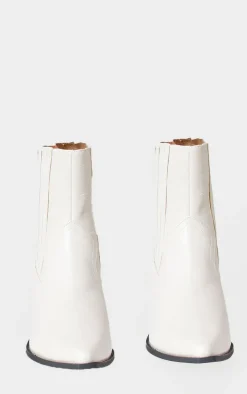 White Croc PU Point Toe Low Block Heel Western Ankle Boots