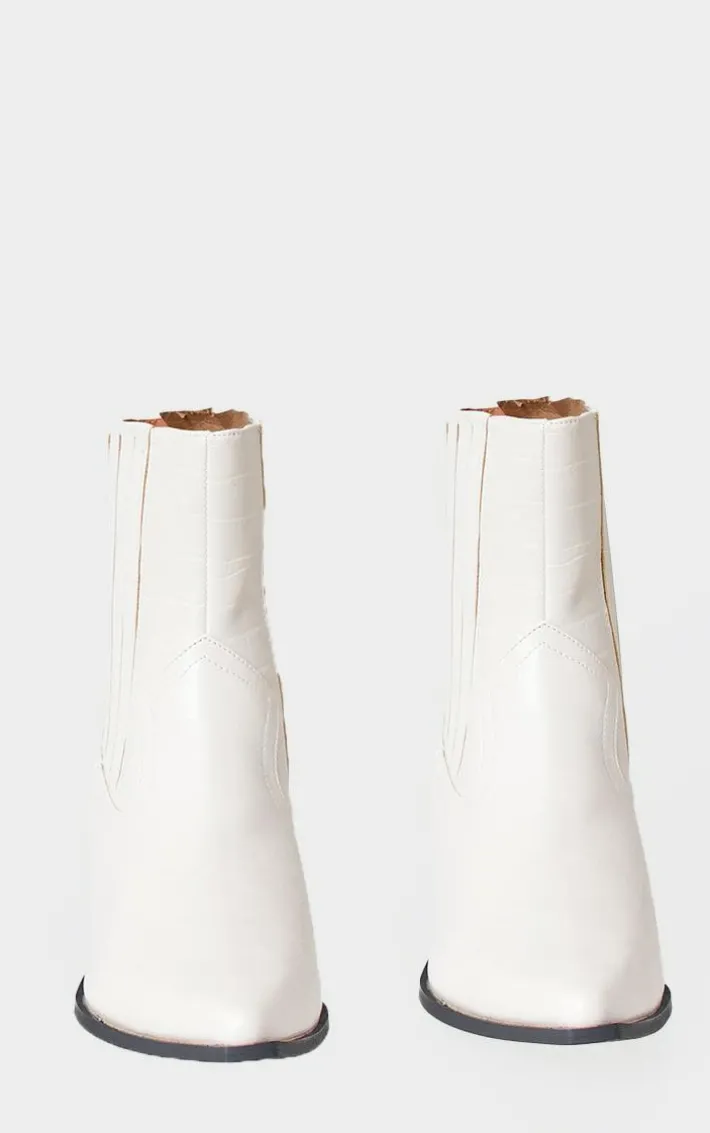 White Croc PU Point Toe Low Block Heel Western Ankle Boots