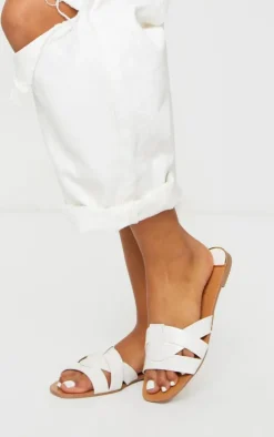 White Croc PU Strap Over Flat Sandals