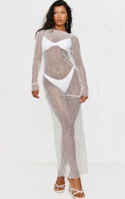 White Crochet Knit Backless Maxi Beach Dress