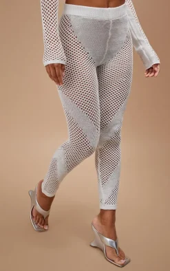 White Crochet Knit Contrast Panel Leggings