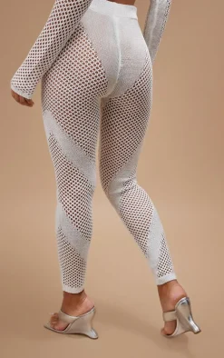 White Crochet Knit Contrast Panel Leggings