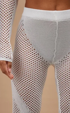 White Crochet Knit Contrast Panel Leggings