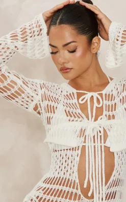 White Crochet Knit Front Tie Long Sleeve Cardi