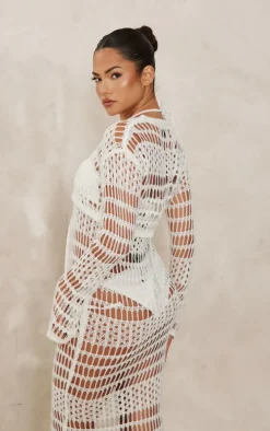 White Crochet Knit Front Tie Long Sleeve Cardi