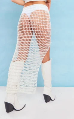 White Crochet Open Knit Maxi Skirt