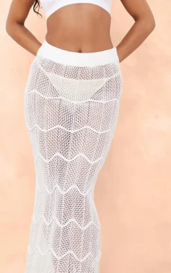 White Crochet Wave Knit Scallop Hem Maxi Skirt