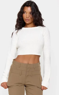 White Cropped Rib Knit Top
