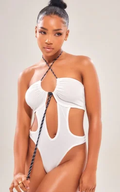 White Cross Front Halterneck Cut Out Bodysuit