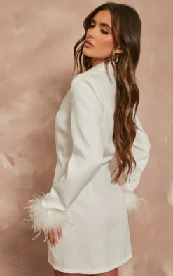 White Cut Out Detail Feather Sleeve Blazer Dress