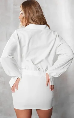 White Cut Out Pocket Long Sleeve Shirt Dress