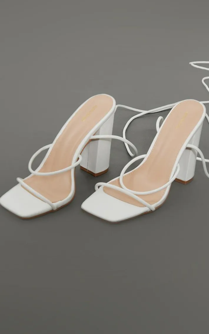 White Delicate Strap Block Heel Ankle Tie Square Toe Sandal