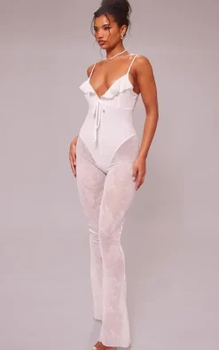 White Devore Ruffle Strappy Jumpsuit