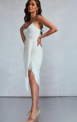 White Devore Tassel Detail Underwired Draped Midi Dress