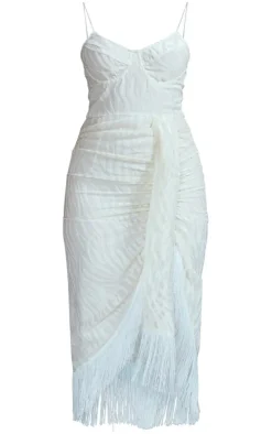 White Devore Tassel Detail Underwired Draped Midi Dress