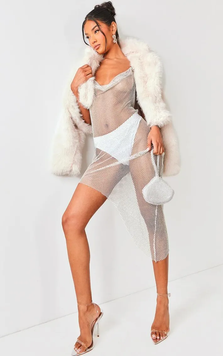 White Diamante Cowl Neck Dress