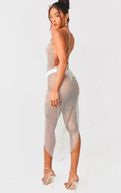 White Diamante Cowl Neck Dress