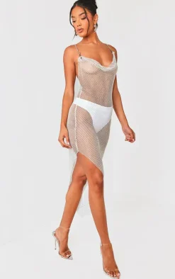 White Diamante Cowl Neck Dress