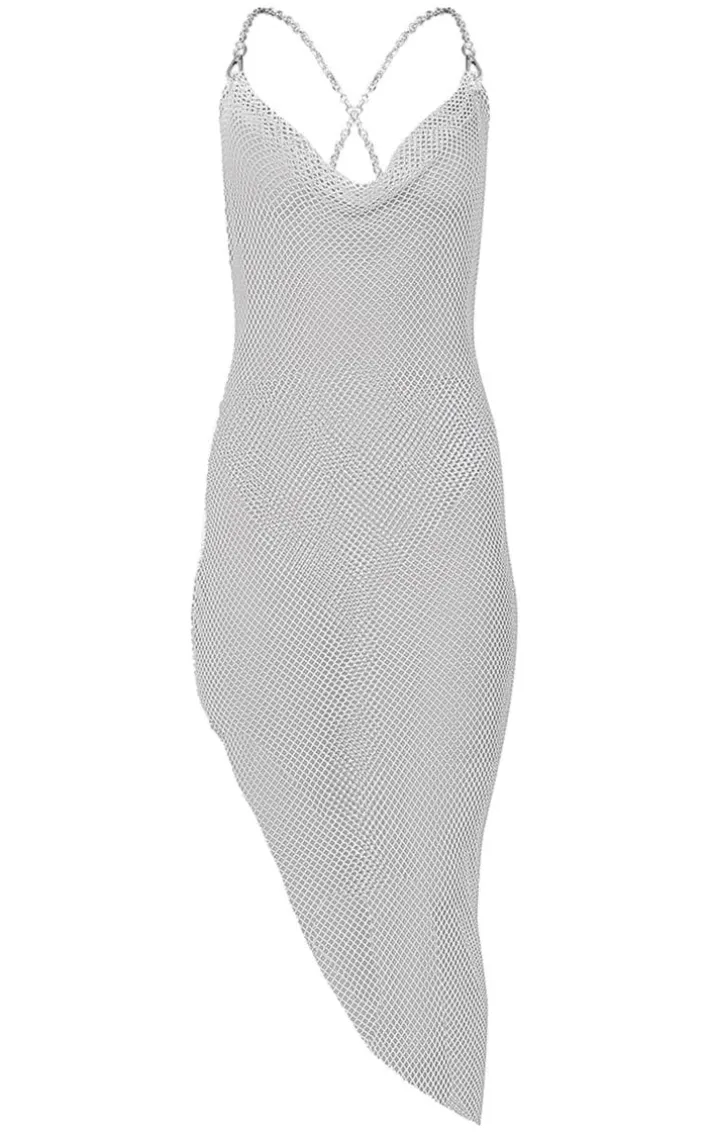 White Diamante Cowl Neck Dress