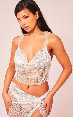 White Diamante Cowl Neck Top