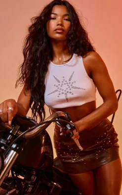 White Diamante Graphic Ribbed Racer Neck Crop Top