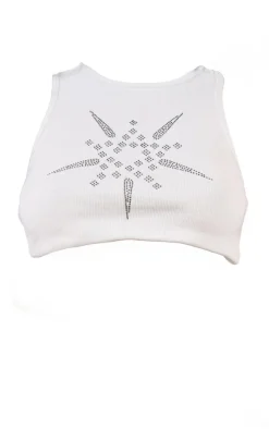White Diamante Graphic Ribbed Racer Neck Crop Top