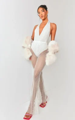 White Diamante Halterneck Jumpsuit