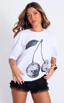White Disco Cherry Graphic Oversized T Shirt