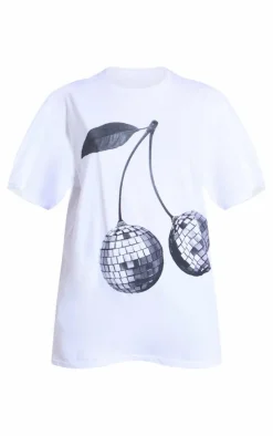 White Disco Cherry Graphic Oversized T Shirt