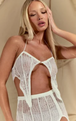 White Distressed Asymmetric Hem Ring Knit Bralet