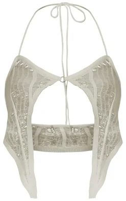 White Distressed Asymmetric Hem Ring Knit Bralet
