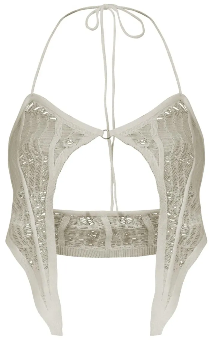 White Distressed Asymmetric Hem Ring Knit Bralet