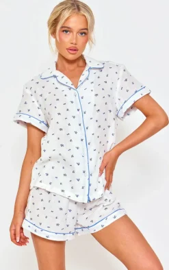 White Ditsy Floral Double Gauze Short Sleeve Shirt And Short Pj Set