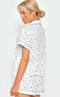 White Ditsy Floral Double Gauze Short Sleeve Shirt And Short Pj Set