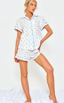 White Ditsy Floral Double Gauze Short Sleeve Shirt And Short Pj Set