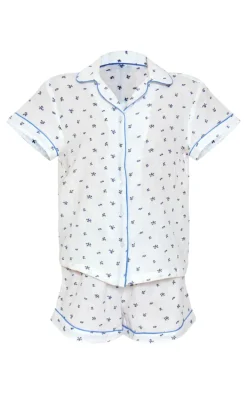 White Ditsy Floral Double Gauze Short Sleeve Shirt And Short Pj Set