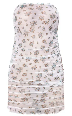 White Ditsy Floral Ruched Mesh Mini Beach Dress